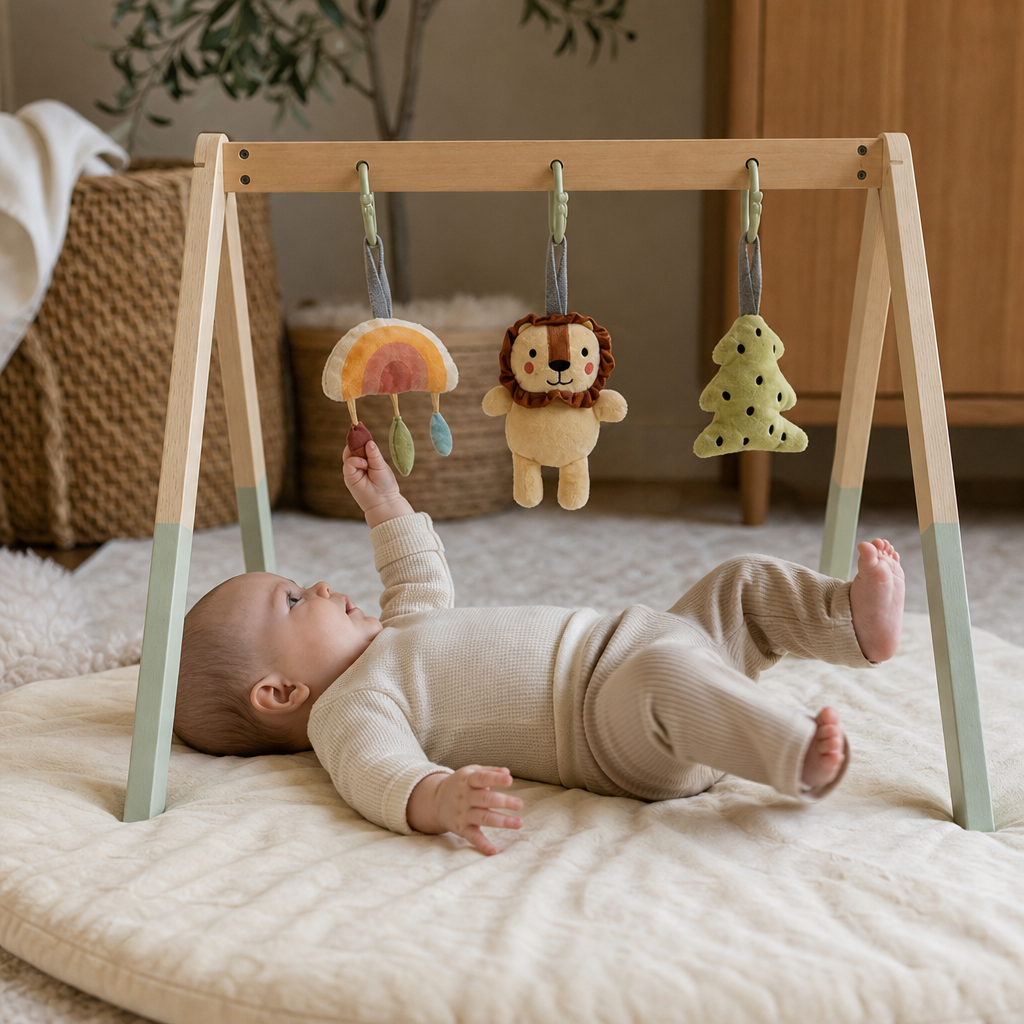 Child playing with the Natural Wooden Baby Gym