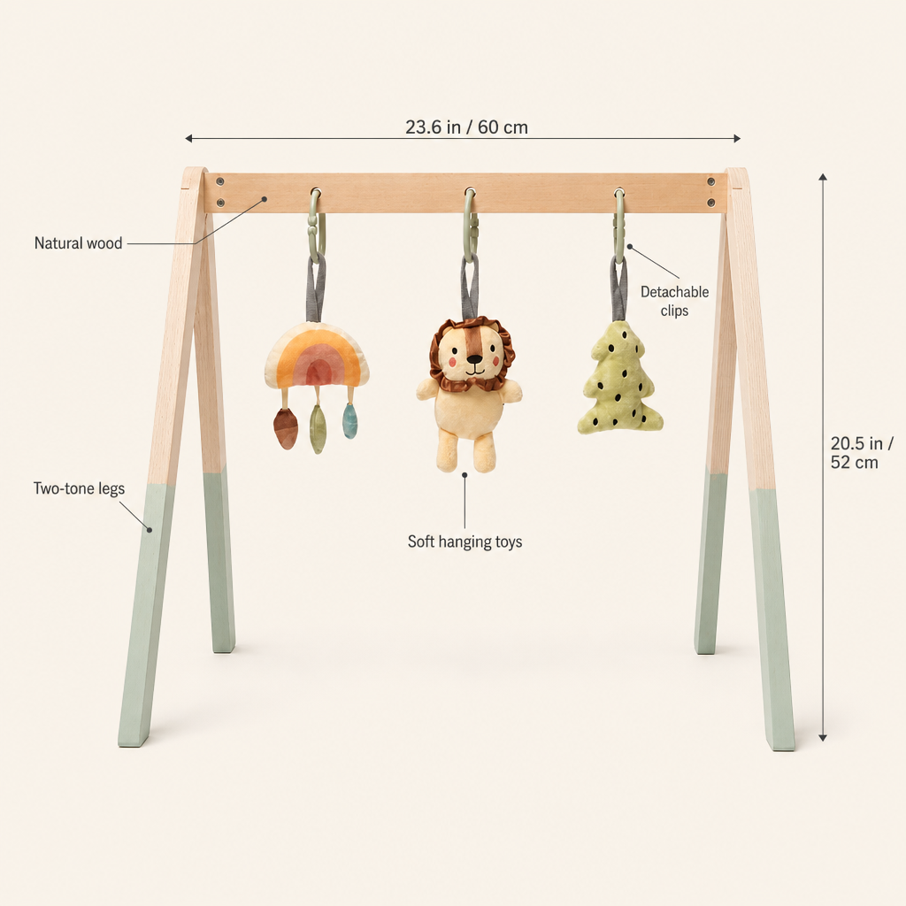Natural Wooden Baby Gym features: Natural wood, Two-tone legs, Soft hanging toys, Detachable clips ; size 23.6 in / 60 cm ; 20.5 in / 52 cm