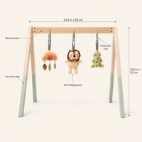 Natural Wooden Baby Gym features: Natural wood, Two-tone legs, Soft hanging toys, Detachable clips ; size 23.6 in / 60 cm ; 20.5 in / 52 cm