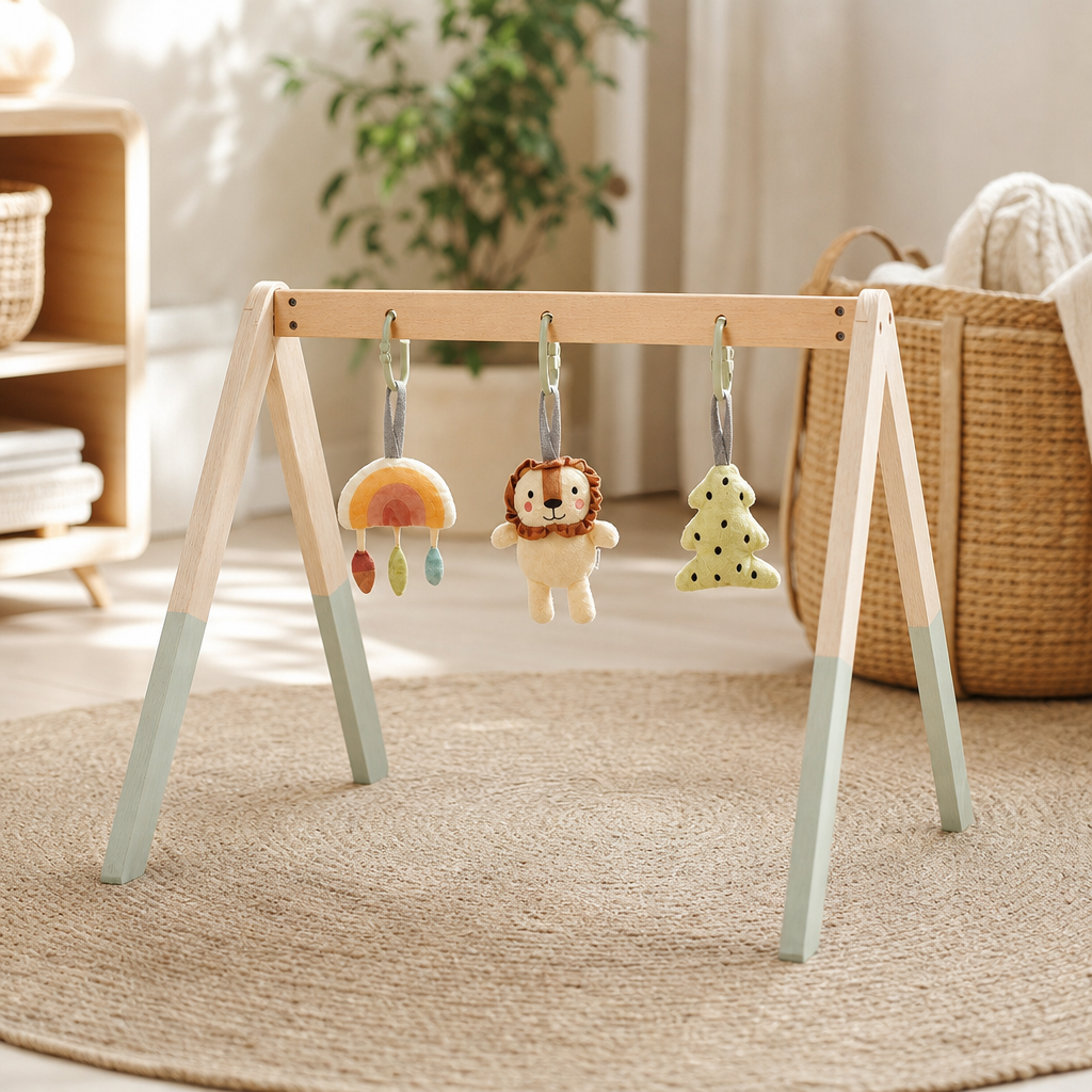 Natural Wooden Baby Gym in a bright Montessori playroom