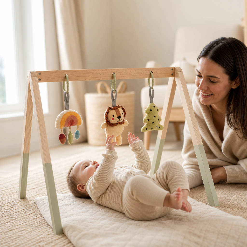 Parent and child playing together with the Natural Wooden Baby Gym