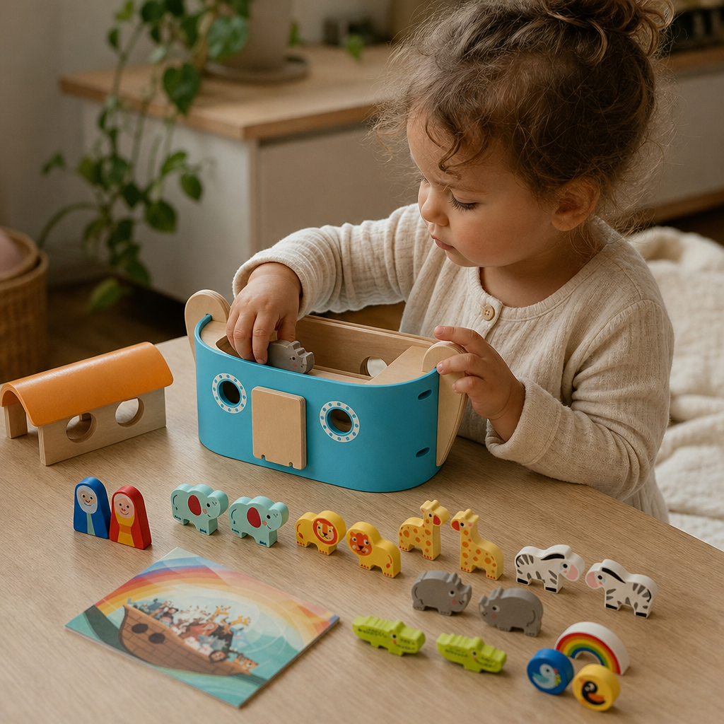 Child playing with the Noah's Ark with Animals & Book