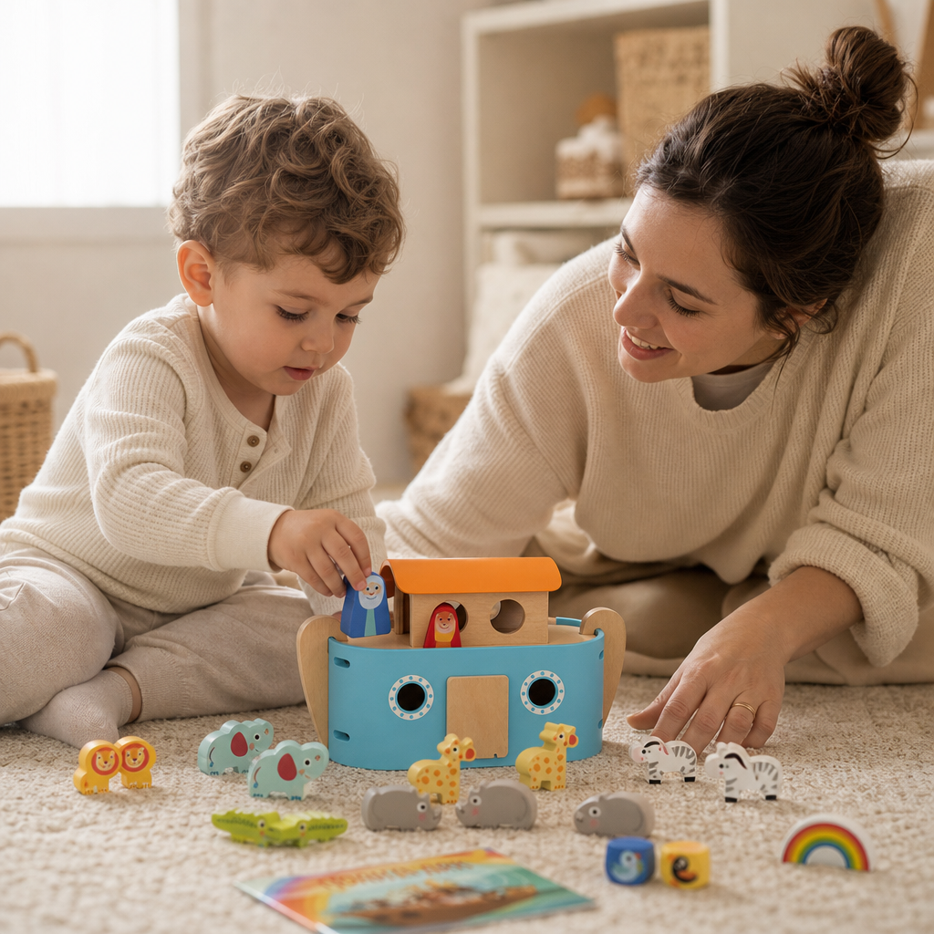 Parent and child playing together with the Noah's Ark with Animals & Book