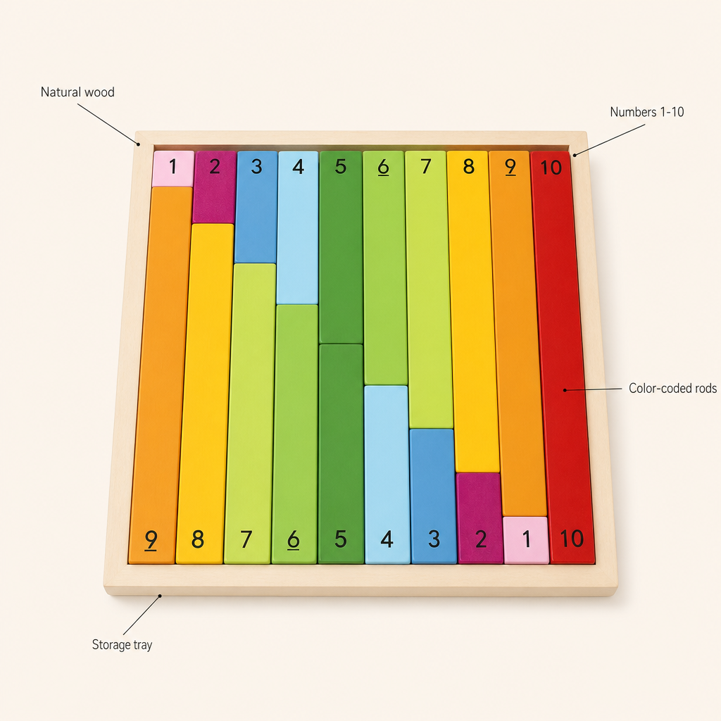 Number Counting Sticks 1-10 features: Natural wood, Numbers 1-10, Color-coded rods, Storage tray