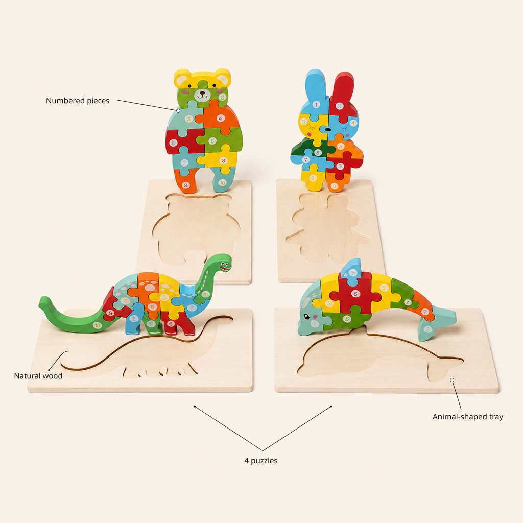 Numbered Animal Puzzles 4-Pack features: Numbered pieces, Natural wood, Animal-shaped tray, 4 puzzles