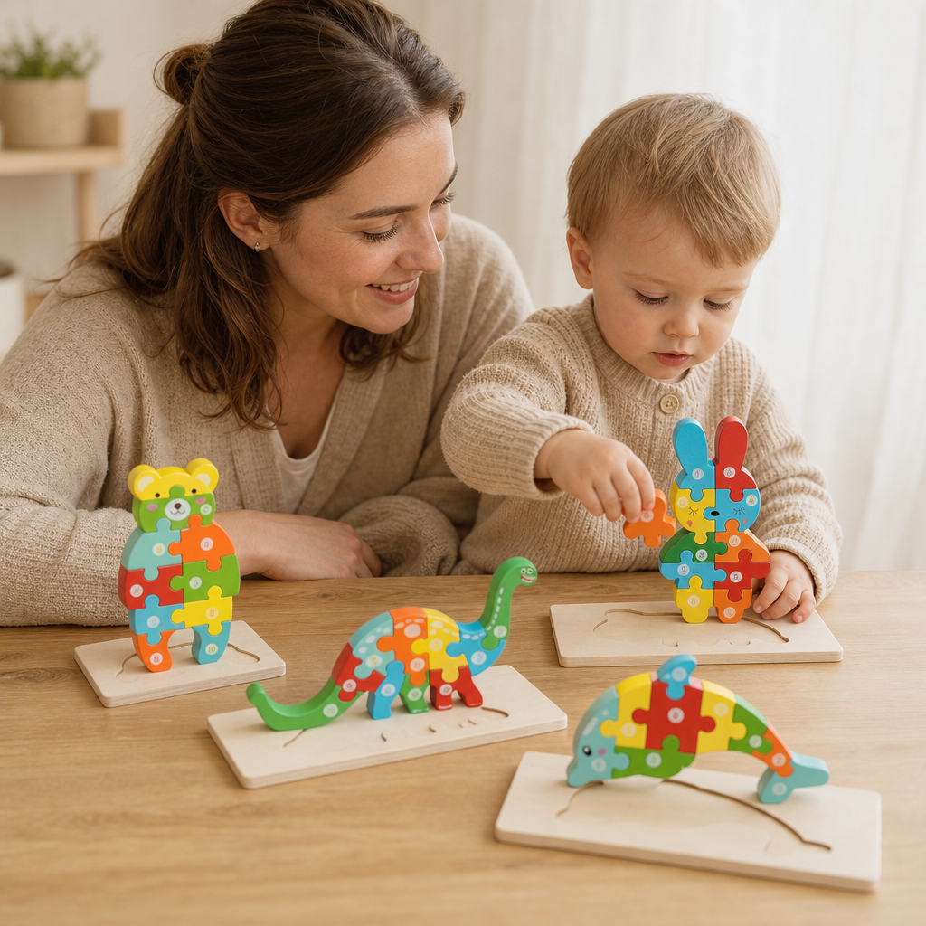 Parent and child playing together with the Numbered Animal Puzzles 4-Pack