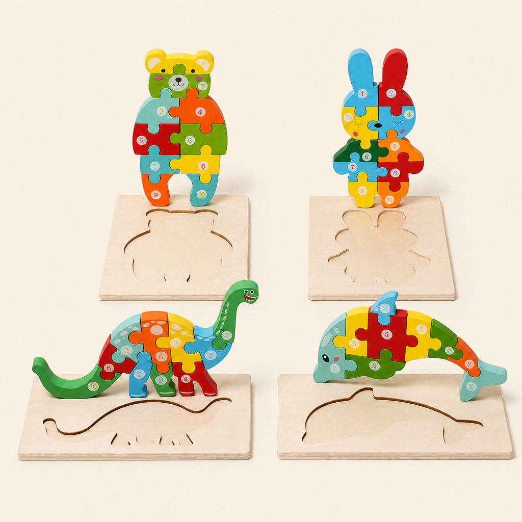 Montessori Numbered Animal Puzzles 4-Pack product photo on a cream background