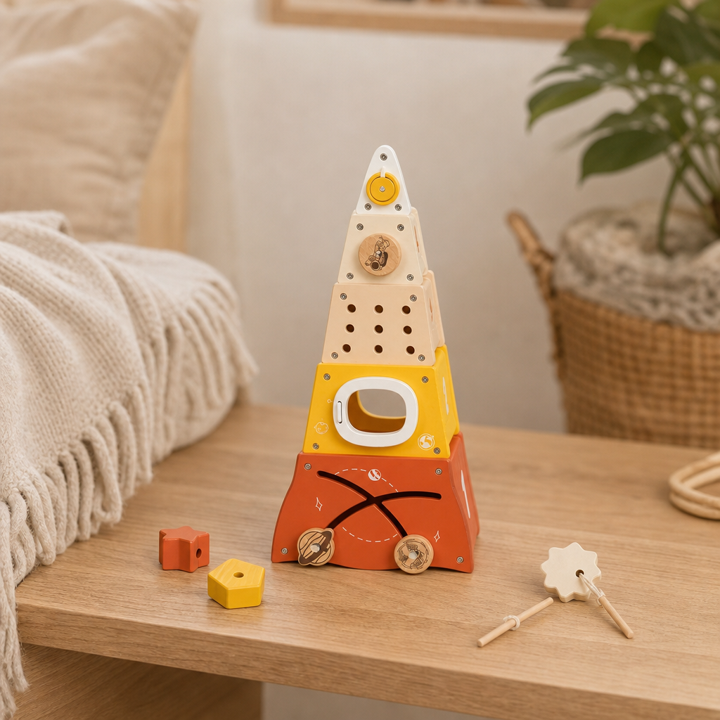 Rocket Stacking Tower 5 Pieces in a bright Montessori playroom