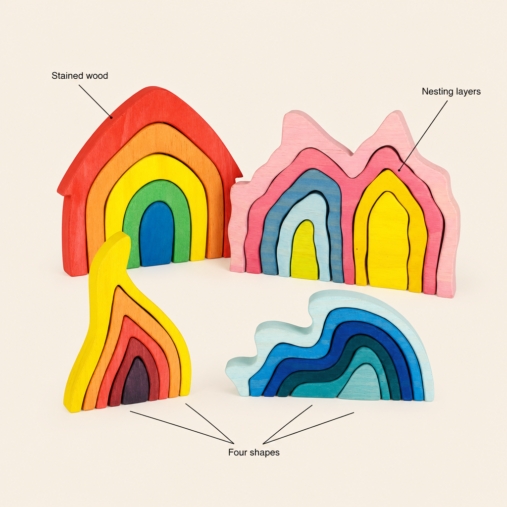 Special Edition Stacking Puzzle features: Stained wood, Nesting layers, Four shapes