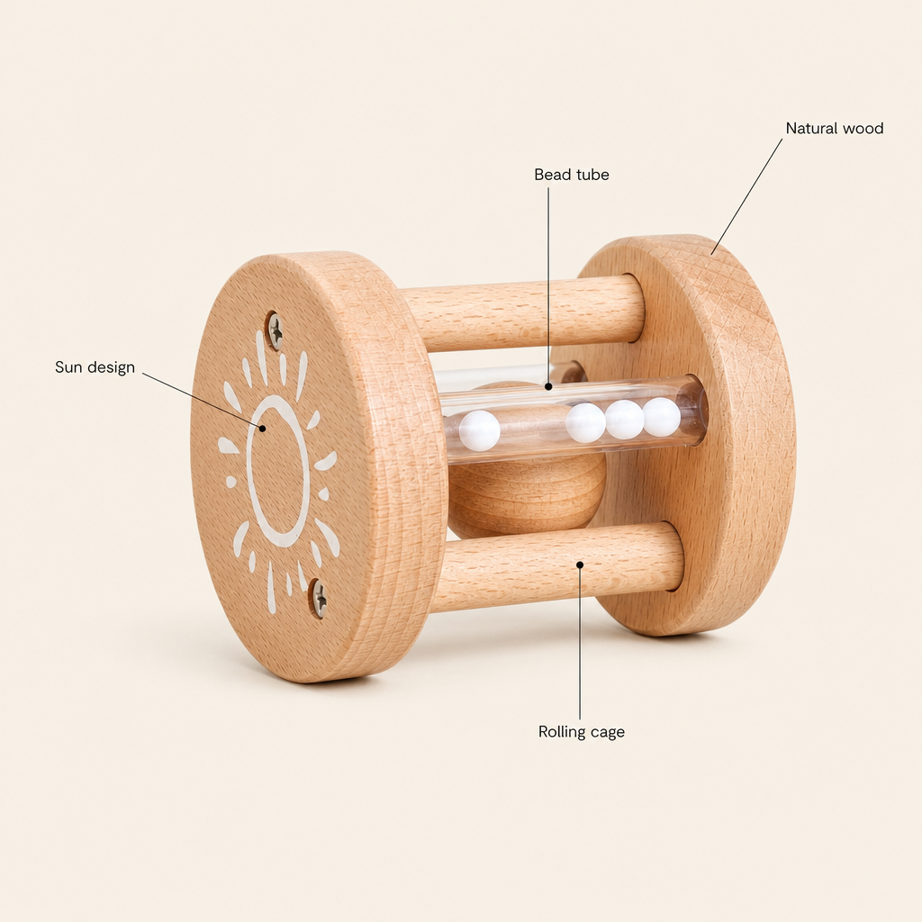 Sun Rattle Roller features: Natural wood, Sun design, Bead tube, Rolling cage