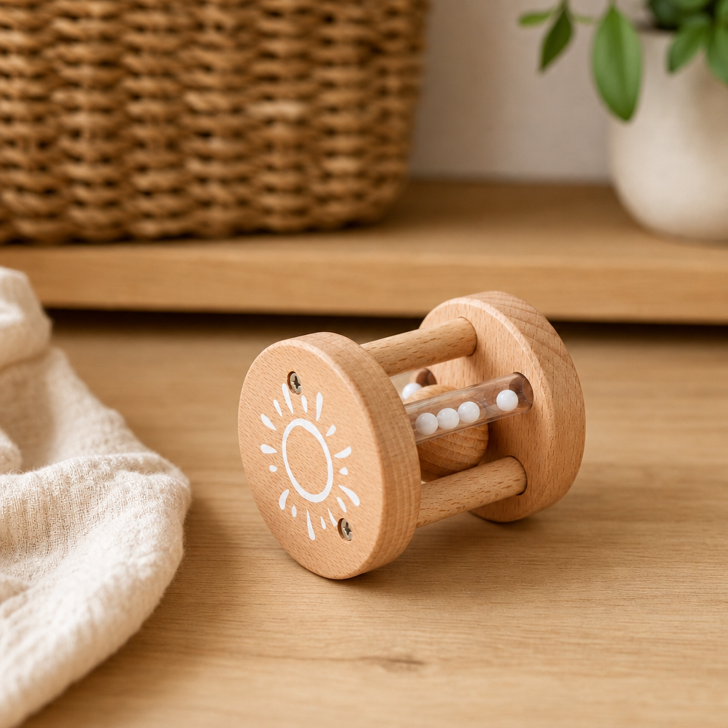 Sun Rattle Roller in a bright Montessori playroom