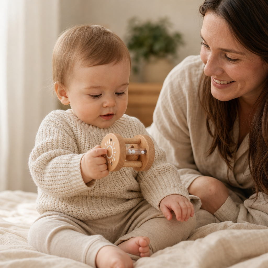 Parent and child playing together with the Sun Rattle Roller
