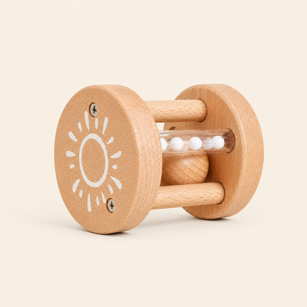 Montessori Sun Rattle Roller product photo on a cream background