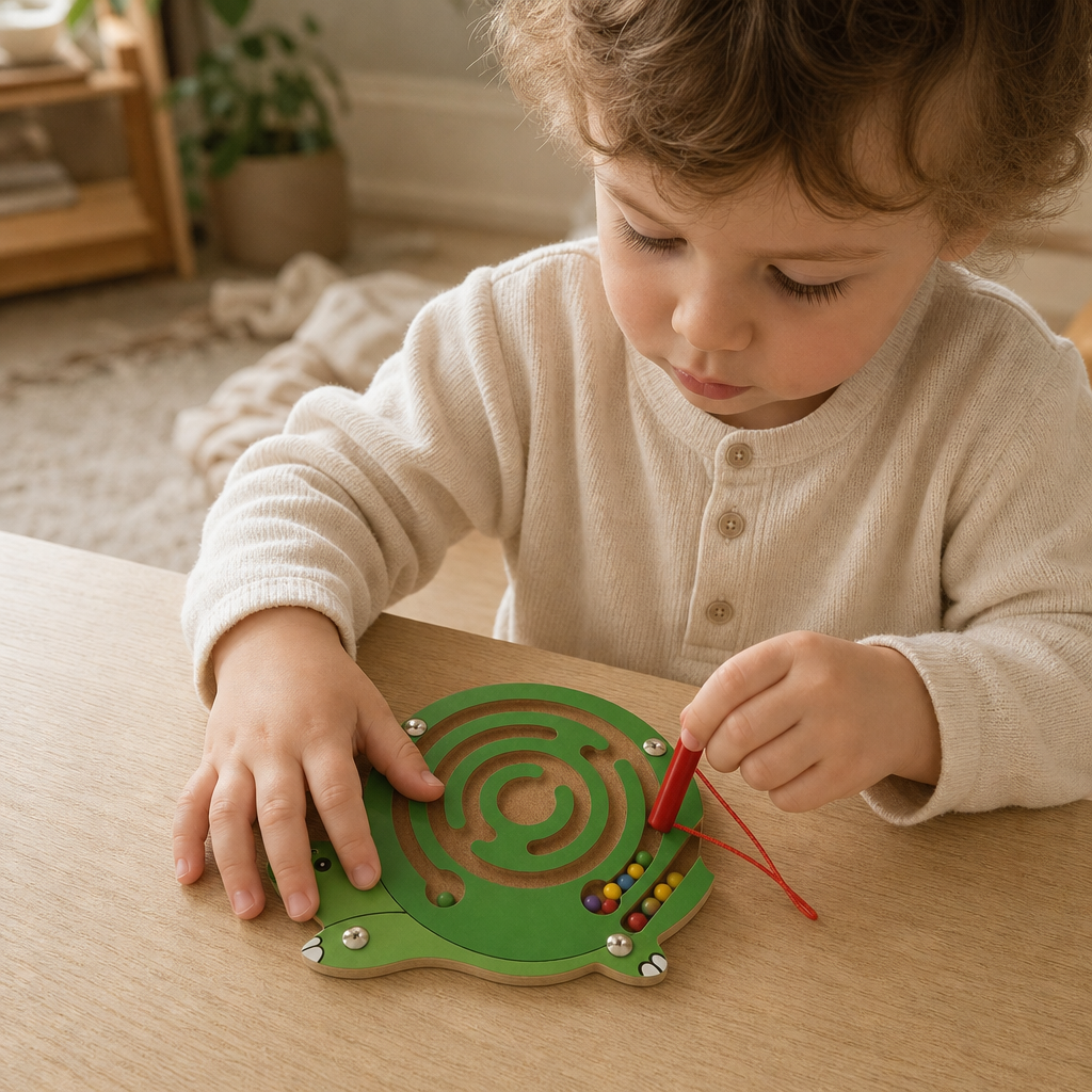 Child playing with the Turtle Wooden Maze