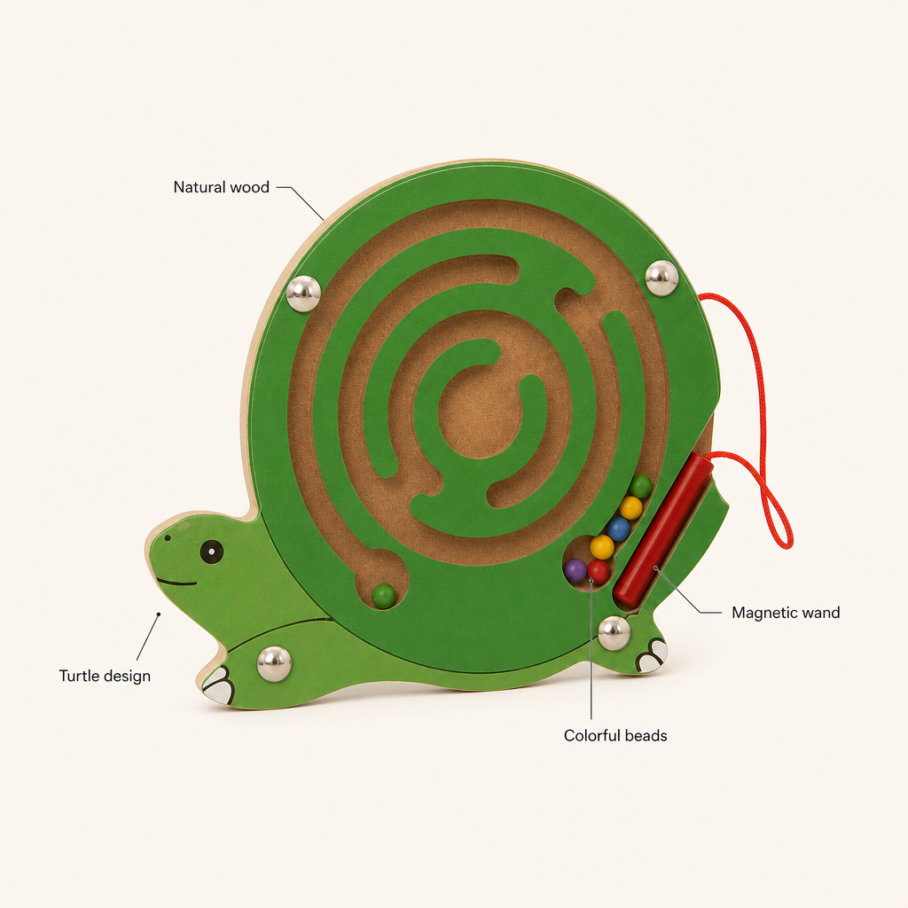 Turtle Wooden Maze features: Natural wood, Magnetic wand, Colorful beads, Turtle design