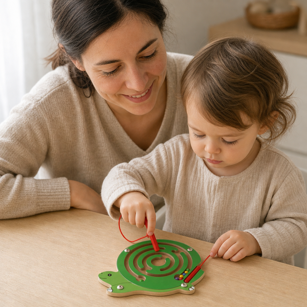 Parent and child playing together with the Turtle Wooden Maze