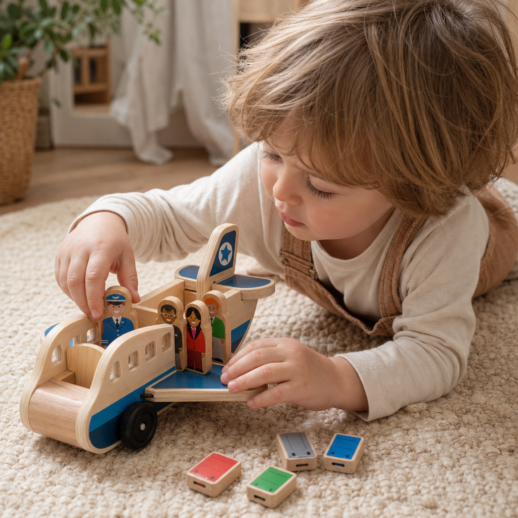 Child playing with the Wooden Airplane with Passengers