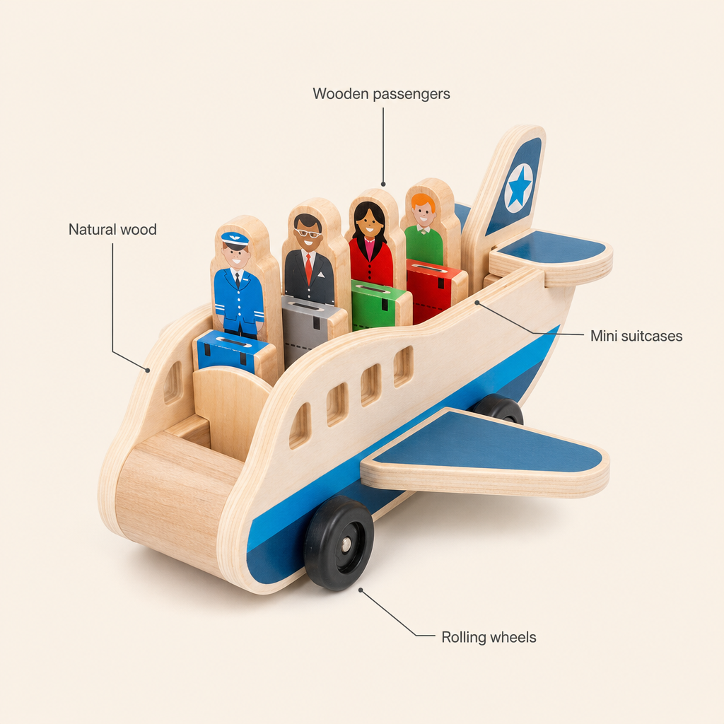 Wooden Airplane with Passengers features: Natural wood, Wooden passengers, Mini suitcases, Rolling wheels
