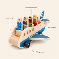 Wooden Airplane with Passengers features: Natural wood, Wooden passengers, Mini suitcases, Rolling wheels