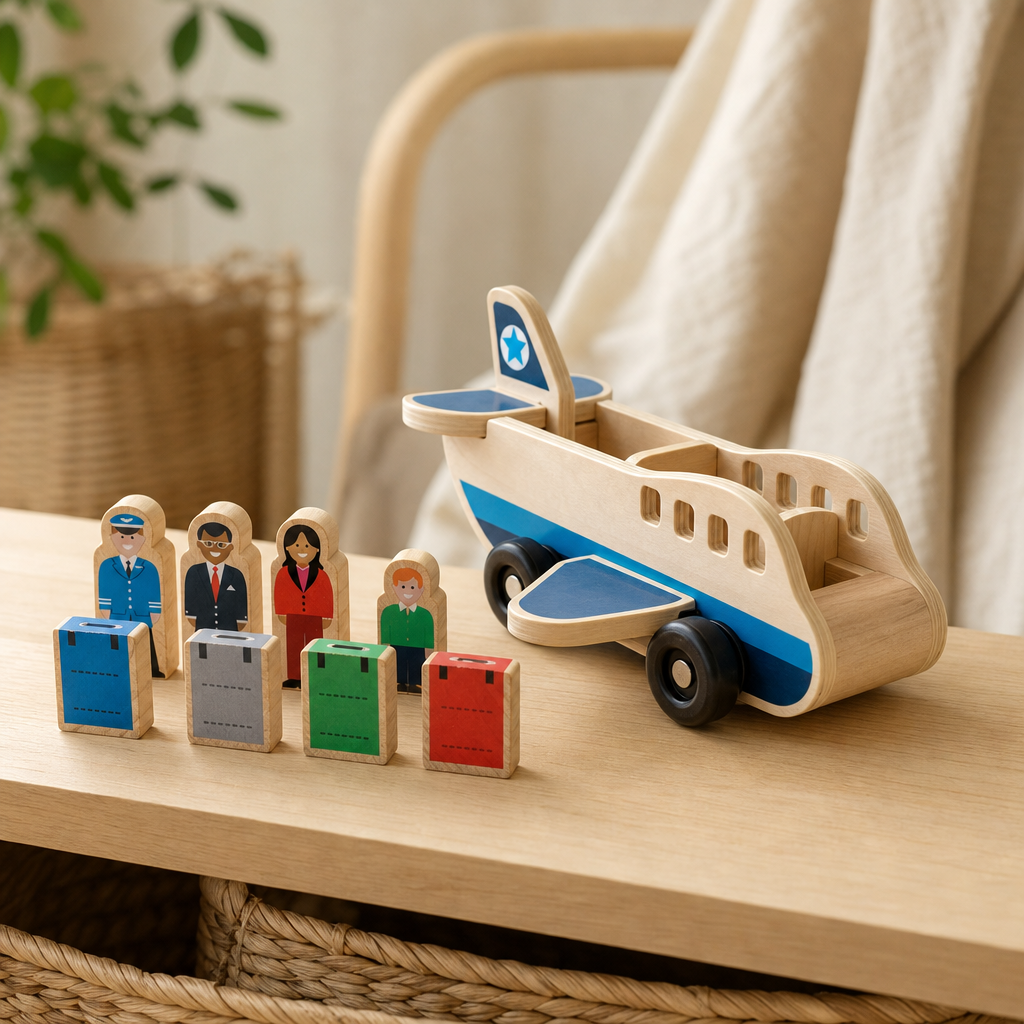 Wooden Airplane with Passengers in a bright Montessori playroom