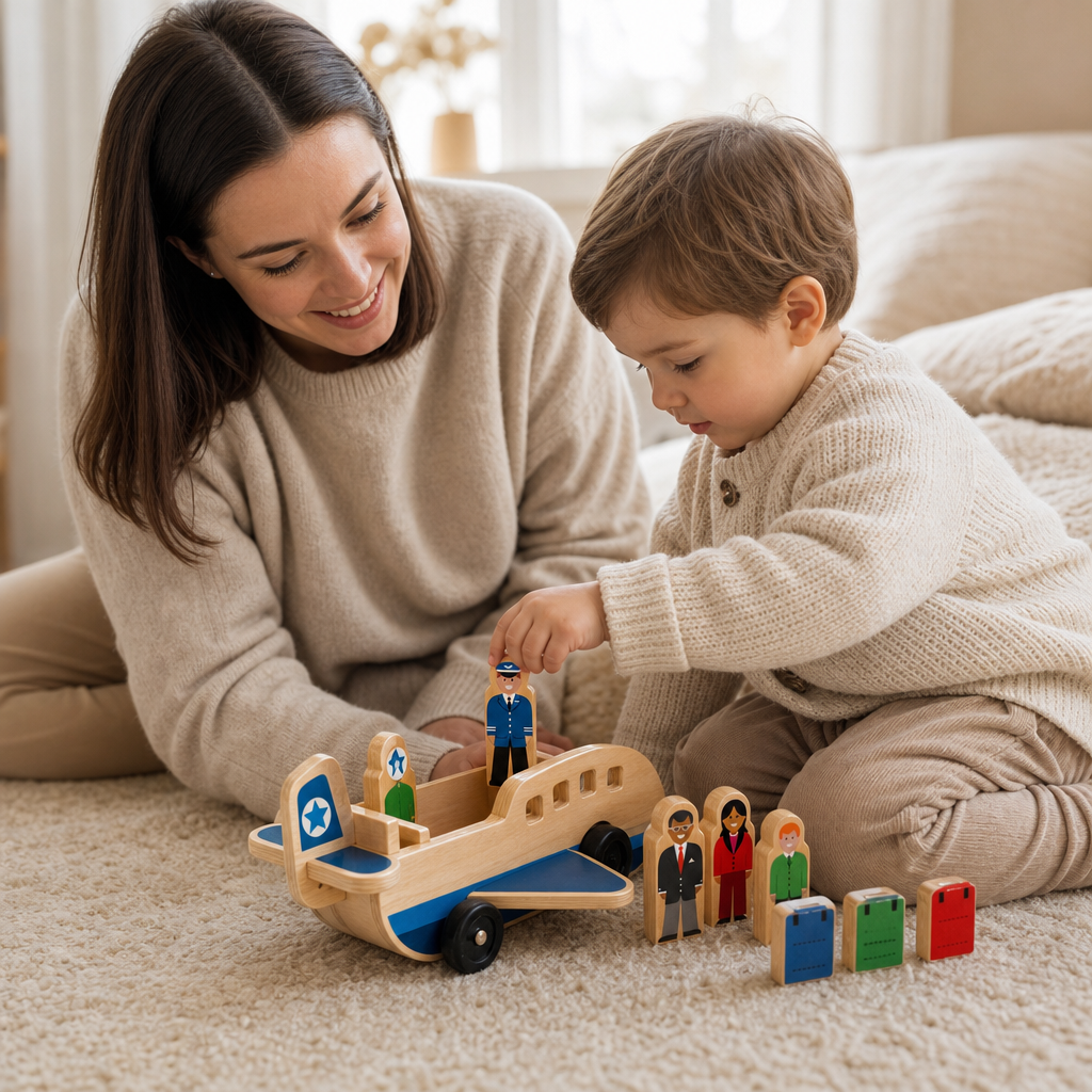 Parent and child playing together with the Wooden Airplane with Passengers