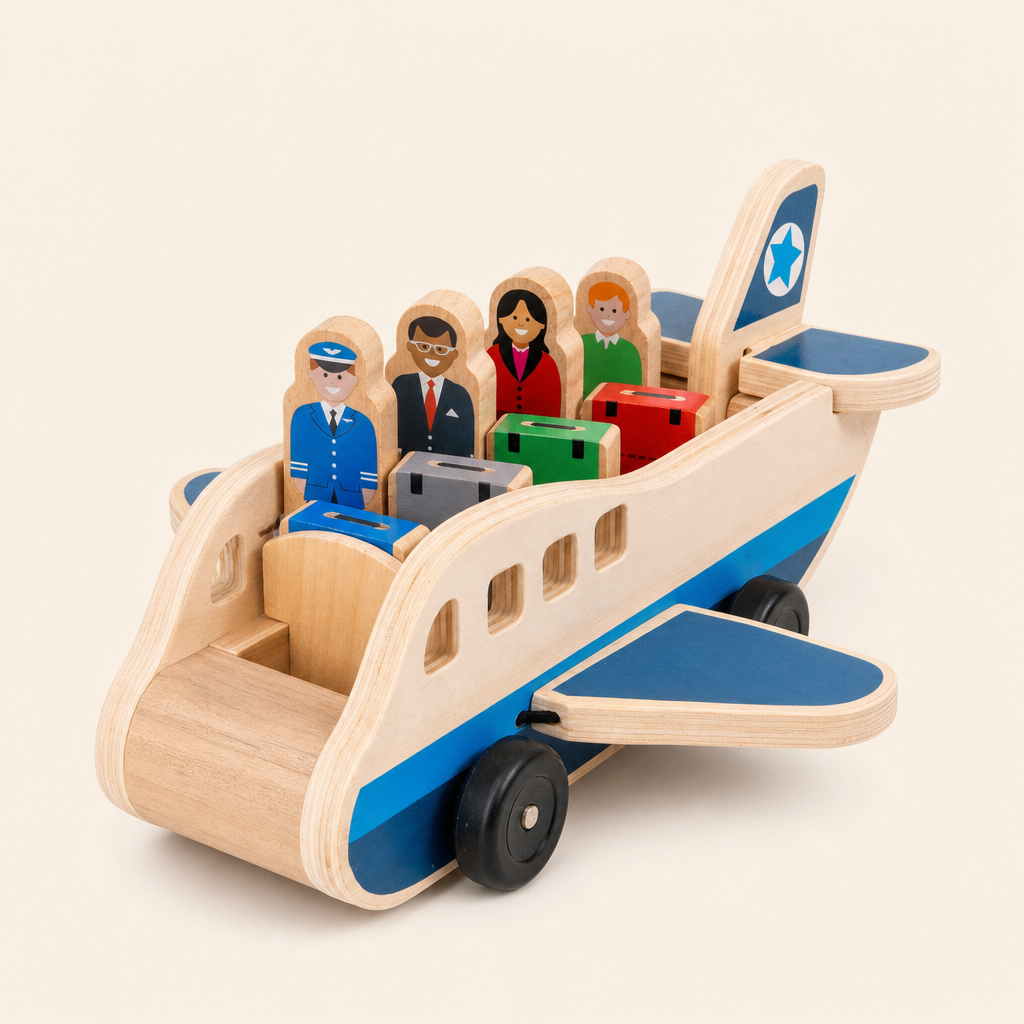 Montessori Wooden Airplane with Passengers product photo on a cream background