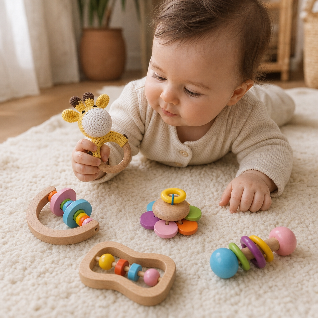 Child playing with the Wooden Baby Rattles Set of 5