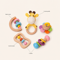 Wooden Baby Rattles Set of 5 features: Beech wood, Crochet giraffe, Colorful beads, 5 rattles