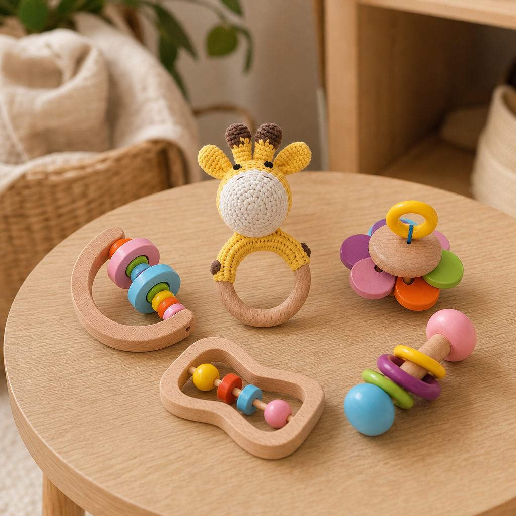 Wooden Baby Rattles Set of 5 in a bright Montessori playroom