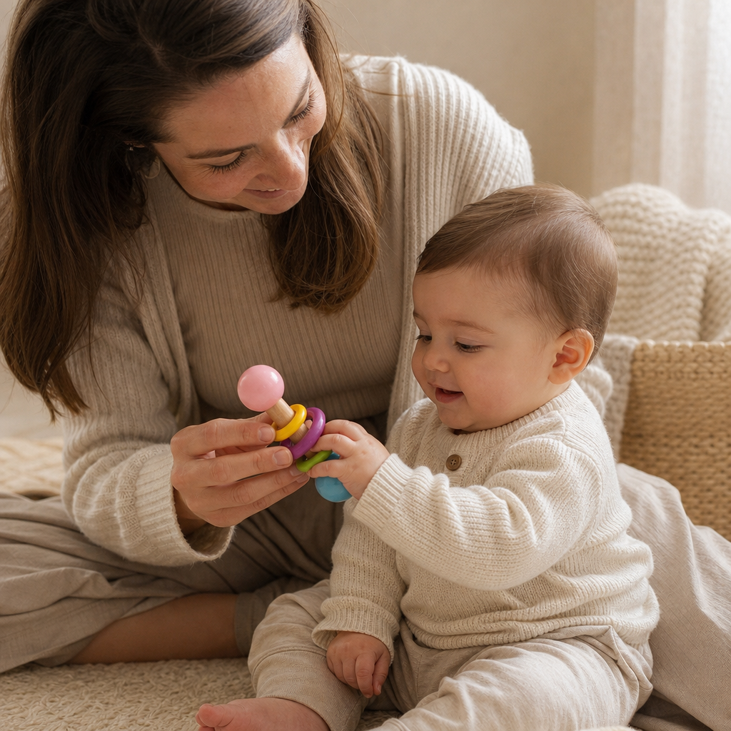 Parent and child playing together with the Wooden Baby Rattles Set of 5