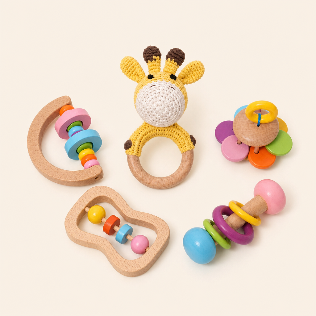 Montessori Wooden Baby Rattles Set of 5 product photo on a cream background