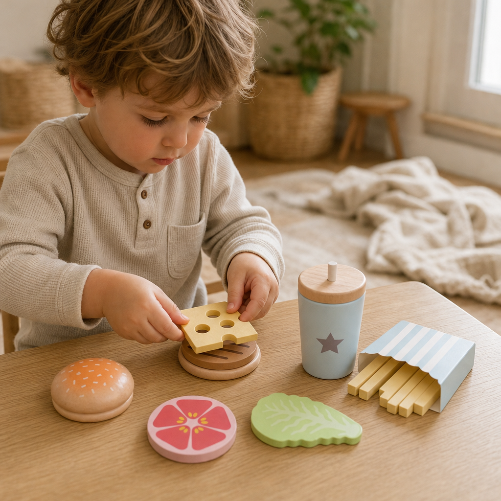 Child playing with the Wooden Burger Play Set