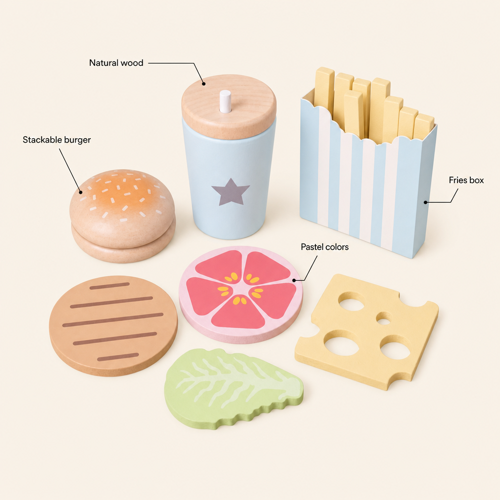 Wooden Burger Play Set features: Natural wood, Stackable burger, Fries box, Pastel colors
