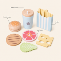 Wooden Burger Play Set features: Natural wood, Stackable burger, Fries box, Pastel colors