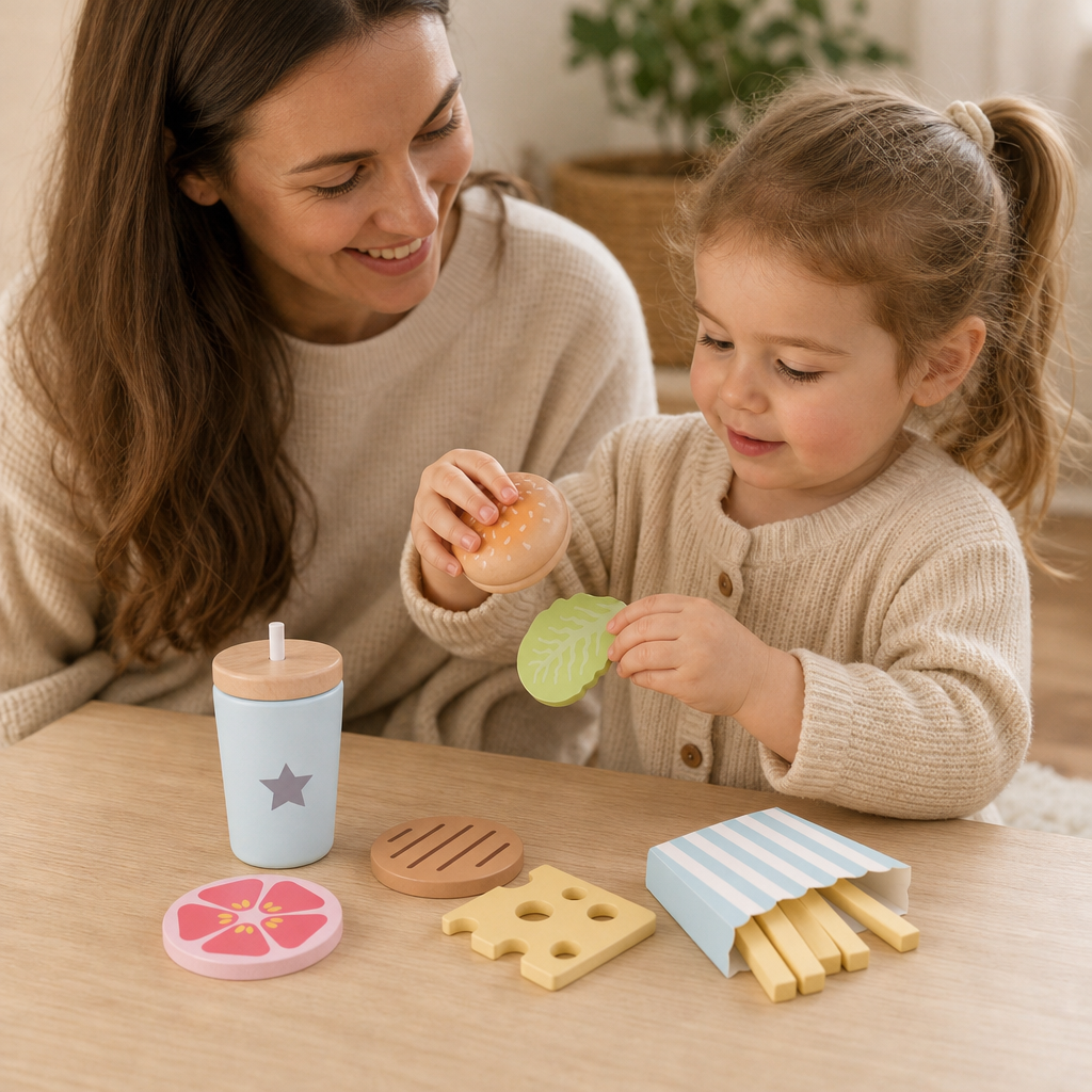 Parent and child playing together with the Wooden Burger Play Set