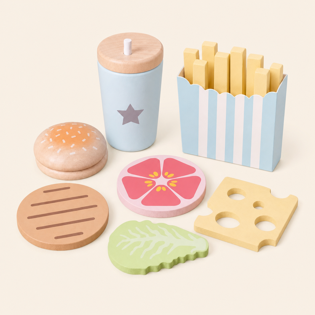 Montessori Wooden Burger Play Set product photo on a cream background