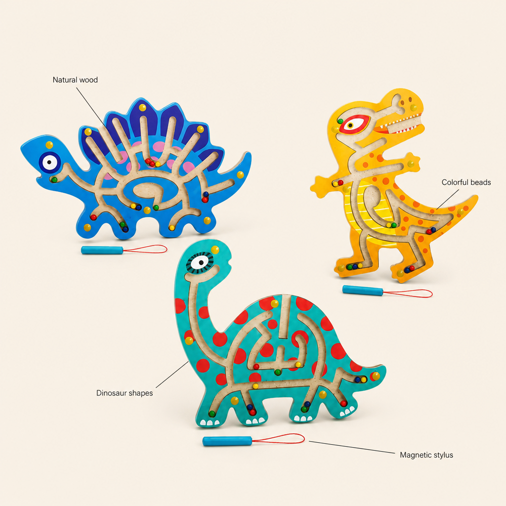 Wooden Dinosaur Maze features: Natural wood, Magnetic stylus, Colorful beads, Dinosaur shapes