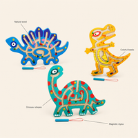 Wooden Dinosaur Maze features: Natural wood, Magnetic stylus, Colorful beads, Dinosaur shapes