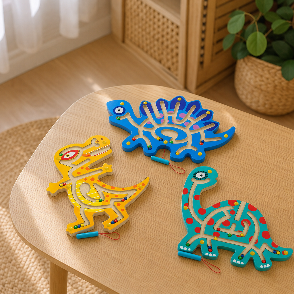 Wooden Dinosaur Maze in a bright Montessori playroom