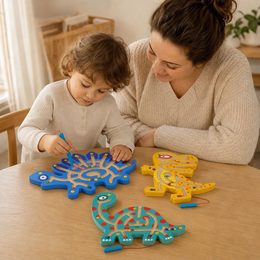 Parent and child playing together with the Wooden Dinosaur Maze