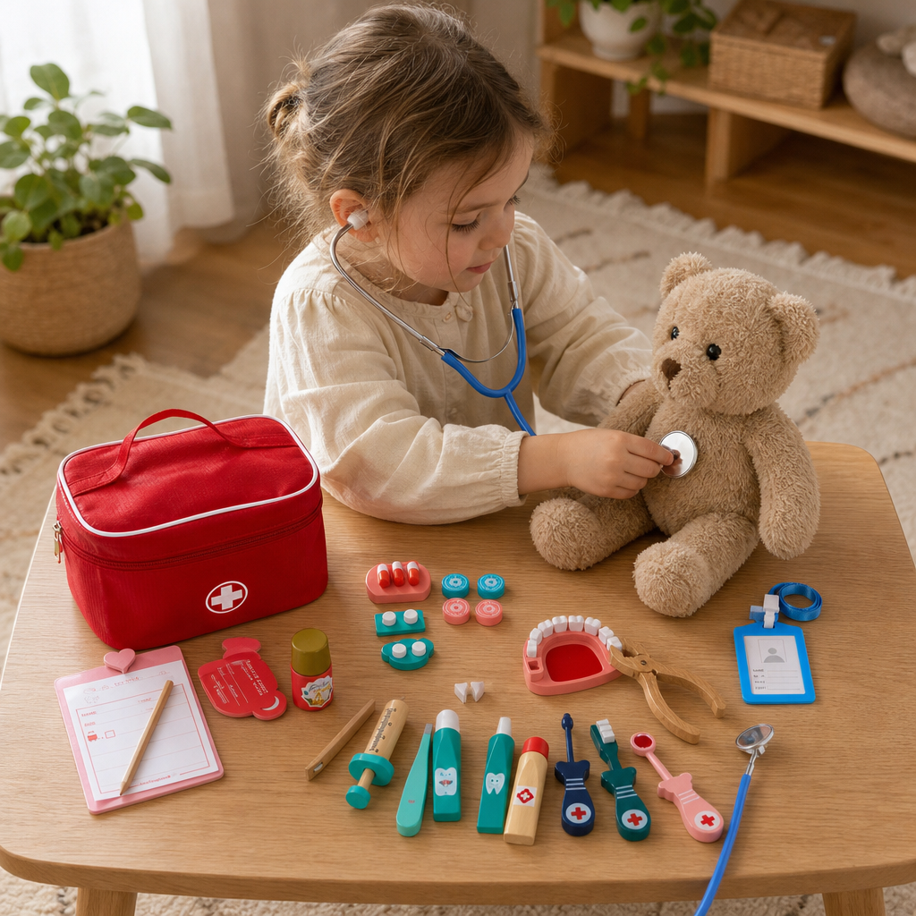Child playing with the Wooden Doctor Play Kit