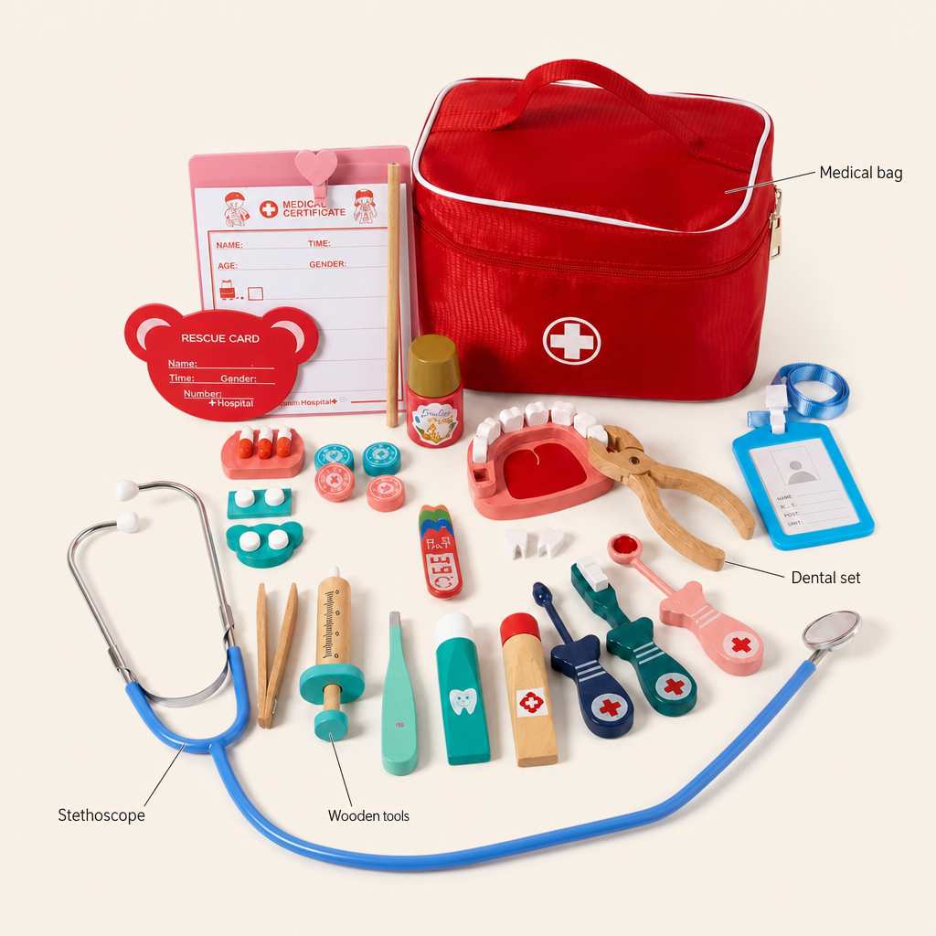Wooden Doctor Play Kit features: Medical bag, Stethoscope, Dental set, Wooden tools