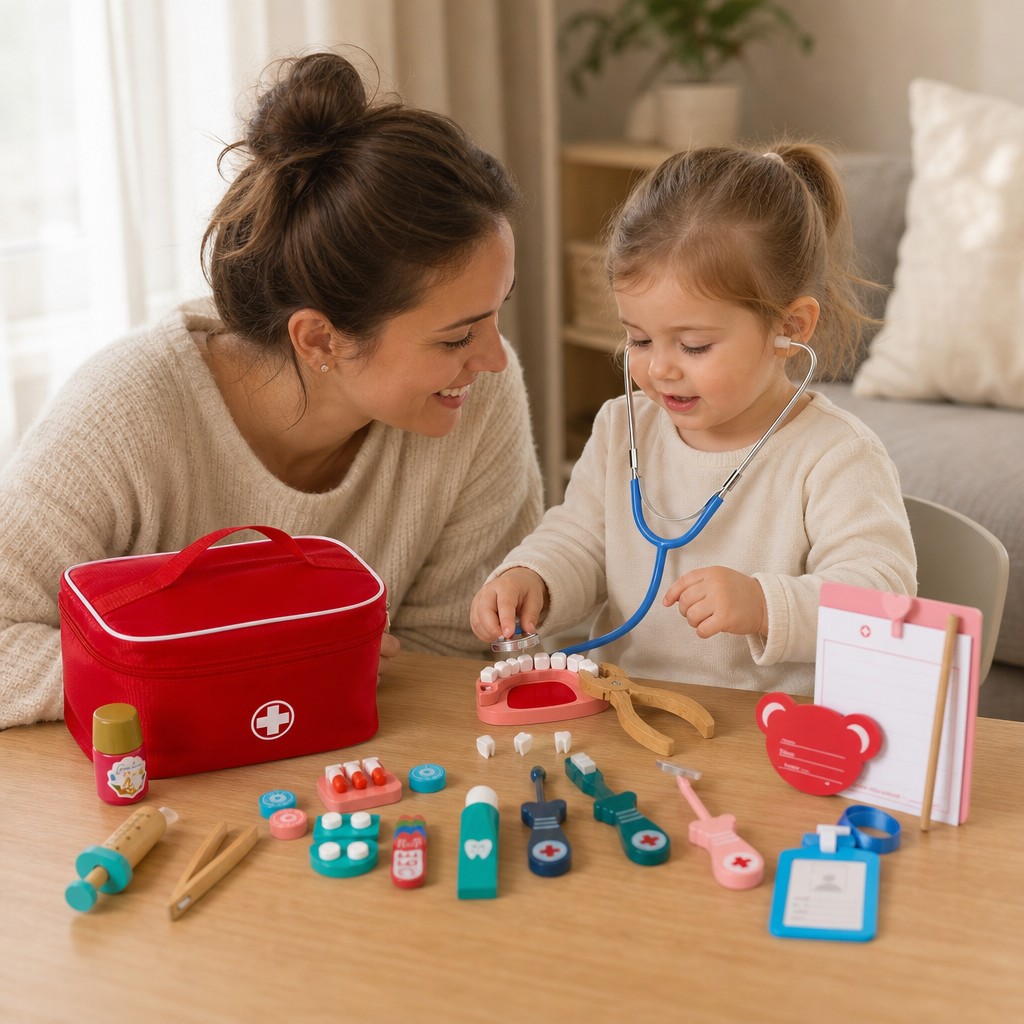 Parent and child playing together with the Wooden Doctor Play Kit