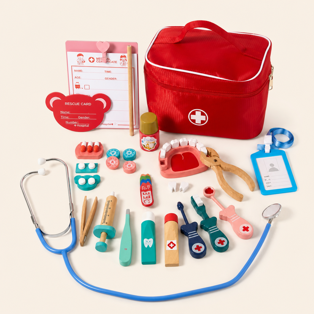 Montessori Wooden Doctor Play Kit product photo on a cream background