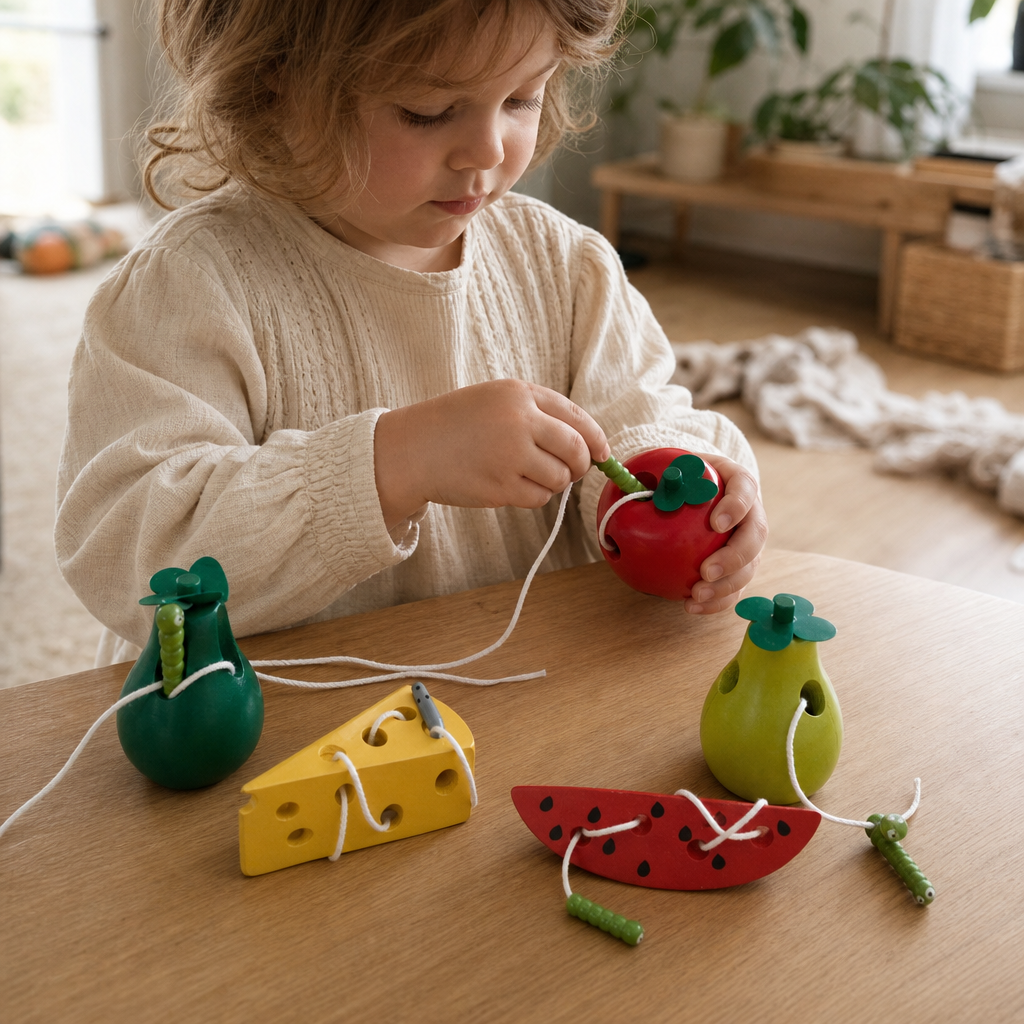 Child playing with the Wooden Food Lacing Set