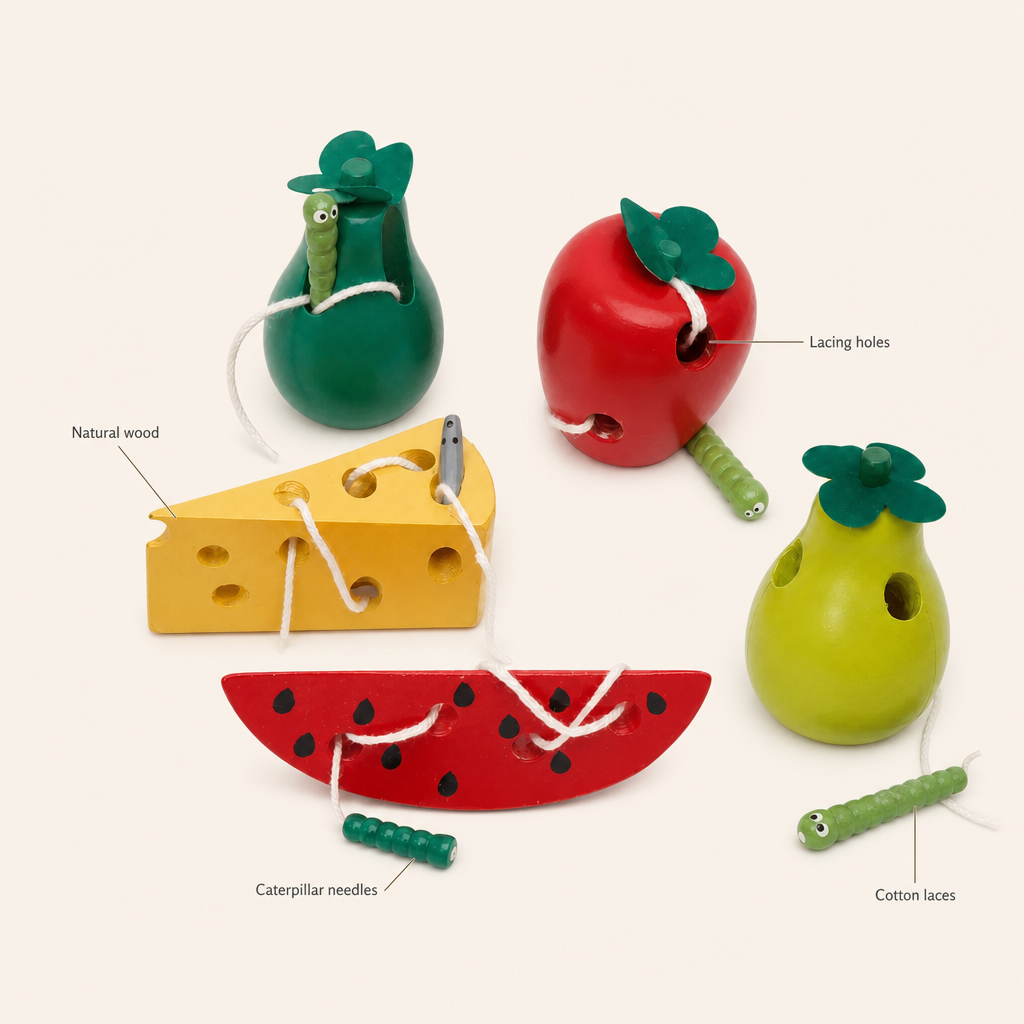 Wooden Food Lacing Set features: Natural wood, Lacing holes, Caterpillar needles, Cotton laces
