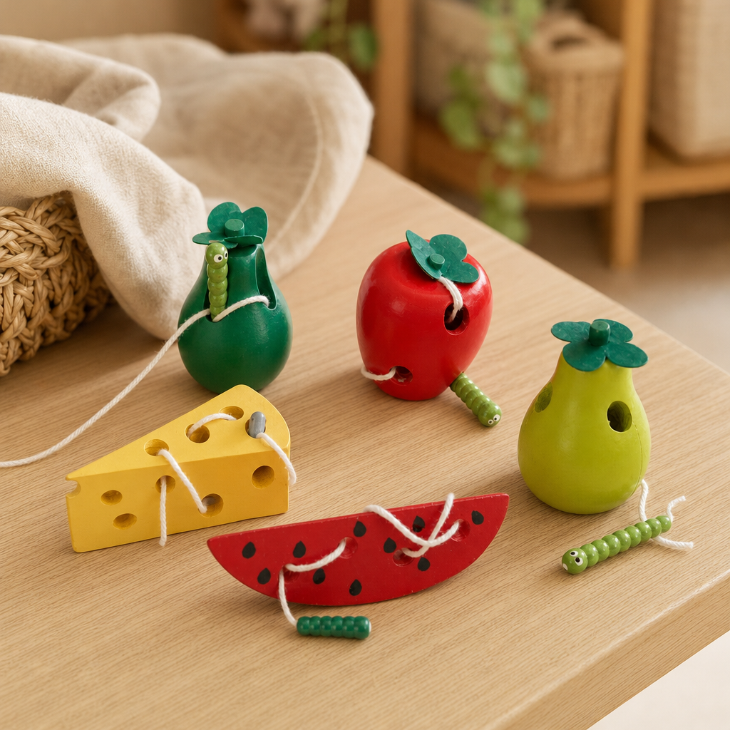 Wooden Food Lacing Set in a bright Montessori playroom