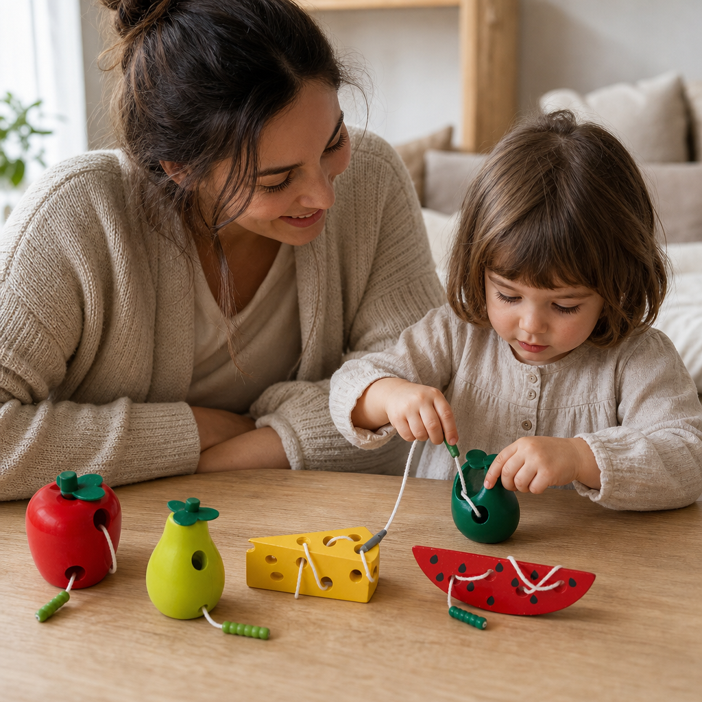 Parent and child playing together with the Wooden Food Lacing Set