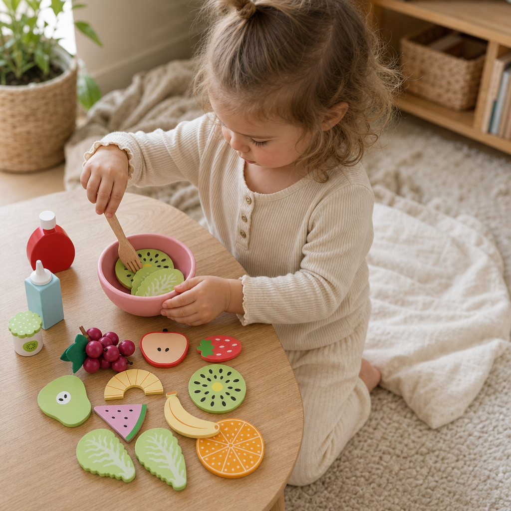 Child playing with the Wooden Fruit Salad Play Set