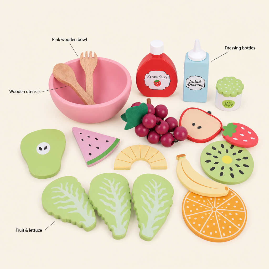 Wooden Fruit Salad Play Set features: Pink wooden bowl, Dressing bottles, Wooden utensils, Fruit & lettuce